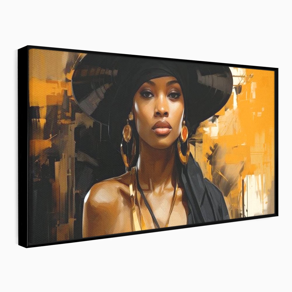 Tablou canvas cu tablou canvas cu femeie in palarie neagra, in rama de aluminiu negru